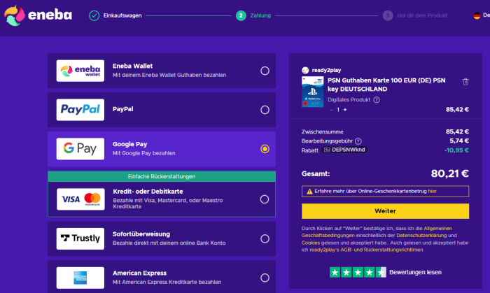 ENEBA PSN Gutschein vergünstigt kaufen